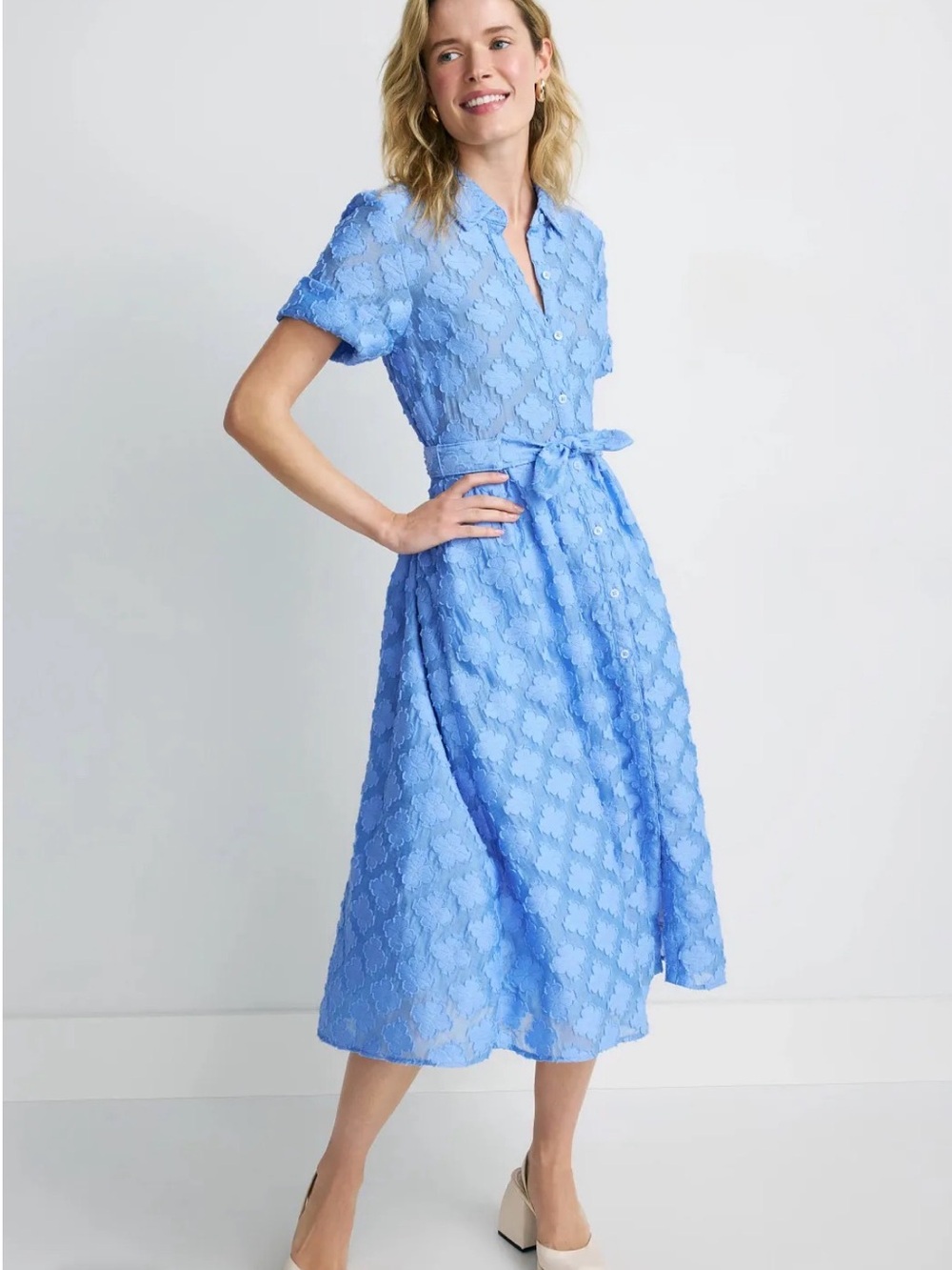kate spade Light Blue Floral Lace Midi Shirt Dress with Tie Waist